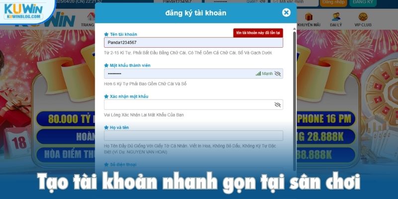 Tạo tài khoản nhanh gọn tại sân chơi